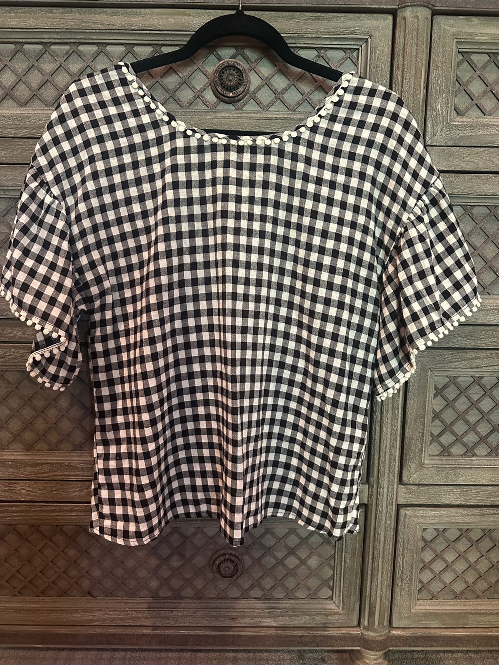 Moon River Black & White Gingham Short Sleeve Top with Pom Trim
